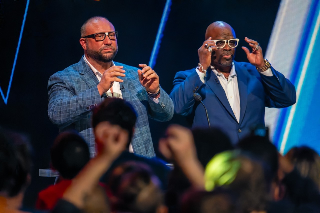 WWE Hall of Famers The Dudley Boyz put on their signature glasses to read their draft picks | WWE Smackdown at Heritage Bank Center on April 26, 2024