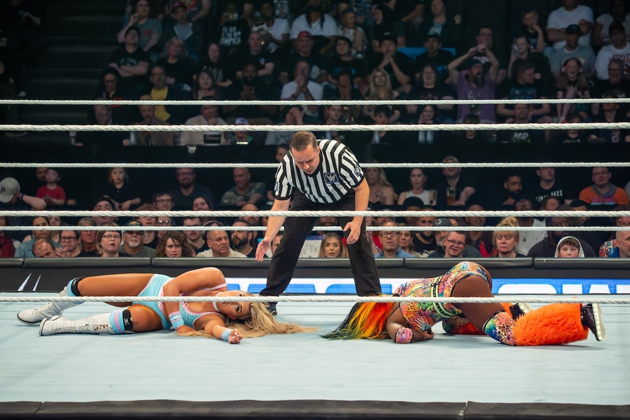 The ref counts as Tiffany Stratton and Naomi both struggle to get back to their feet | WWE Smackdown at Heritage Bank Center on April 26, 2024