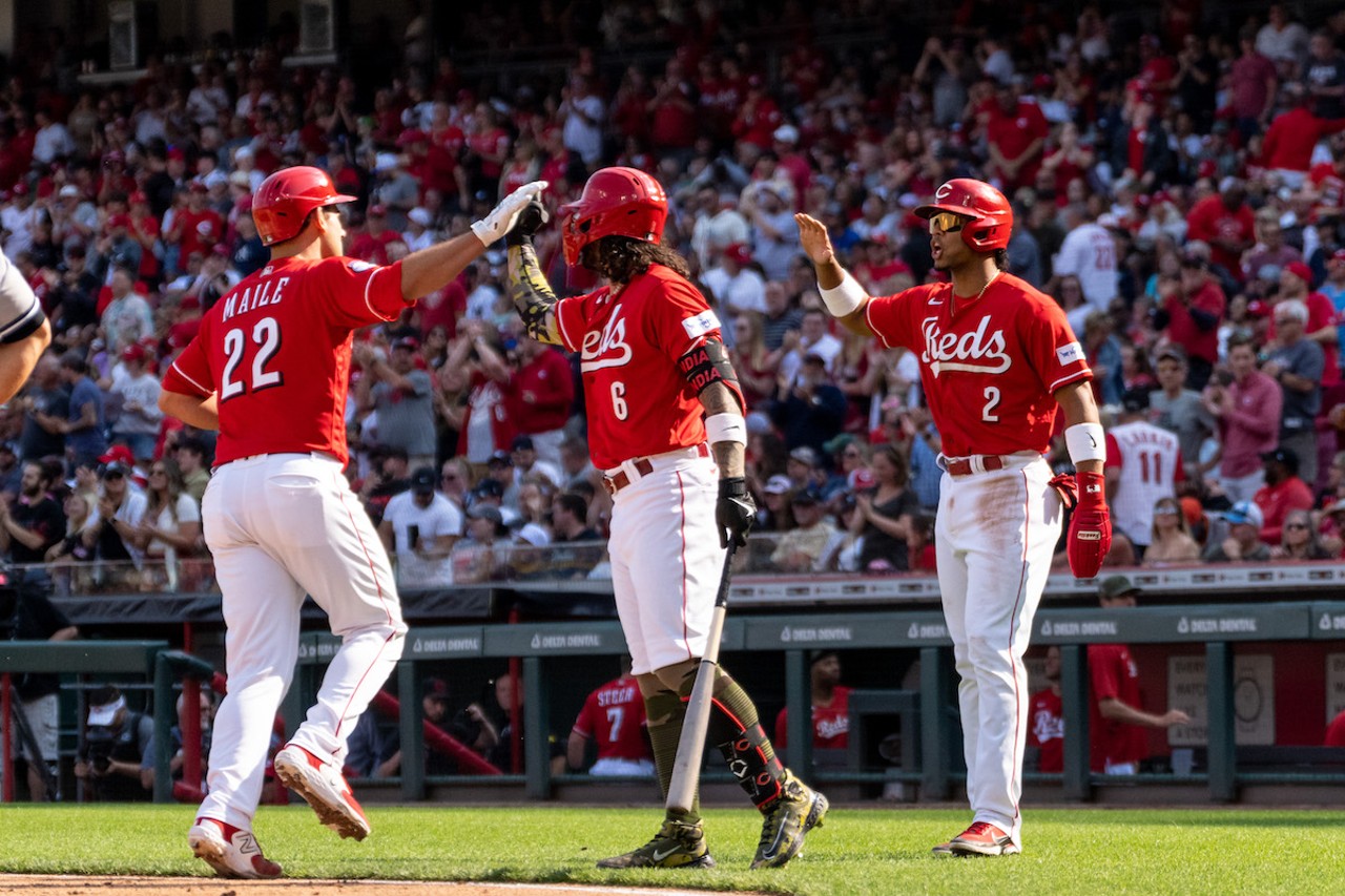 Luke Maile celebrates a home run during the Cincinnati Reds vs. the New York Yankees game on May 20, 2023.