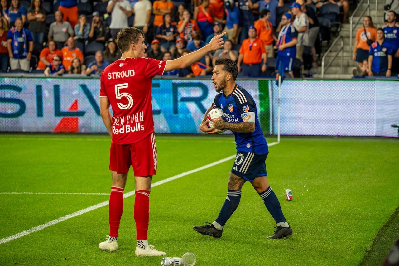 A heated exchange as fans protest a call by throwing cans and bottles on the field | FC Cincinnati vs. New York Red Bulls | Oct. 4, 2023