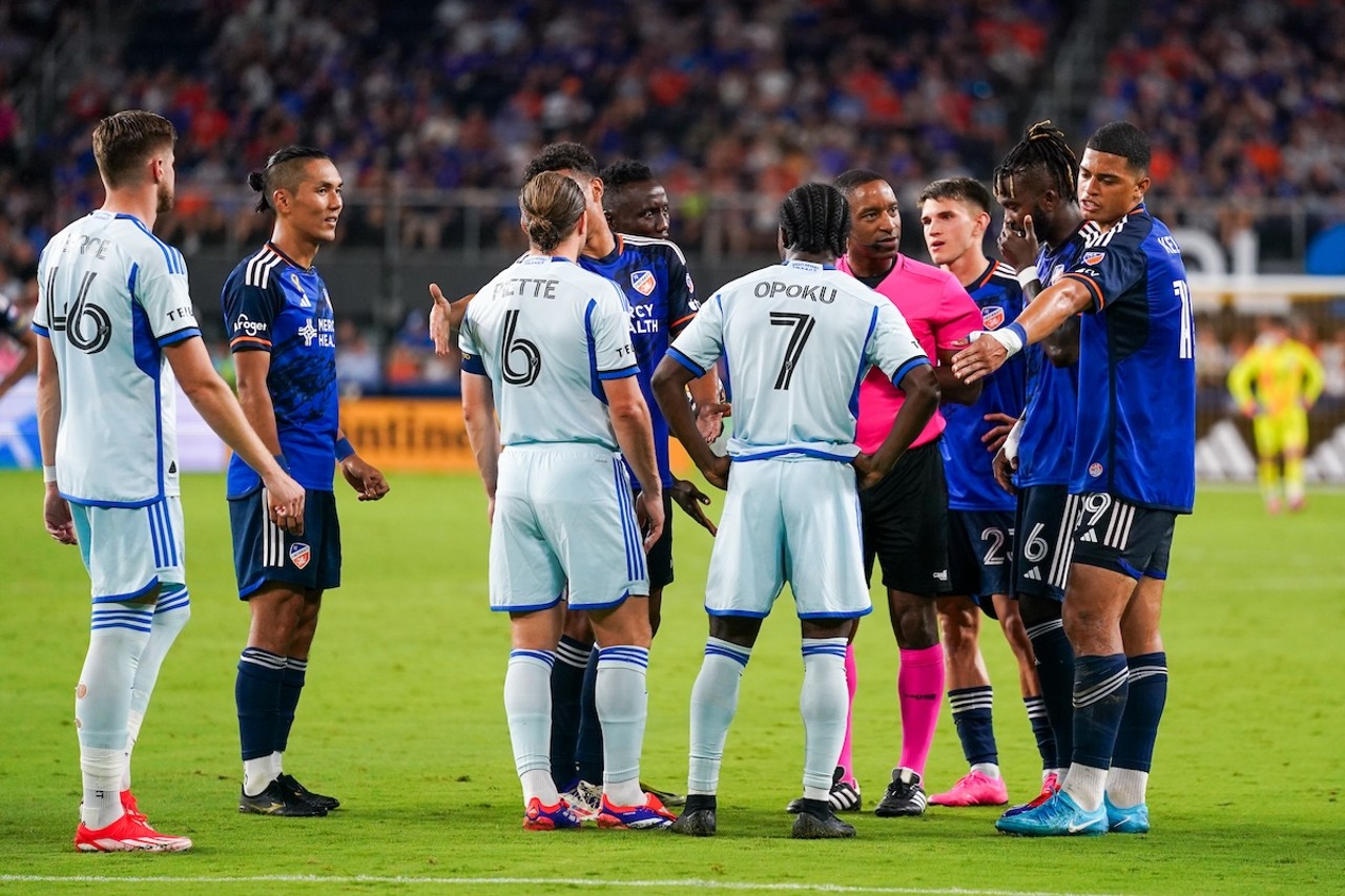 Kevin Kelsy in discussion with referee after a penalty call on the field was withdrawn | FC Cincinnati vs. CF Montreal | Aug. 31, 2024