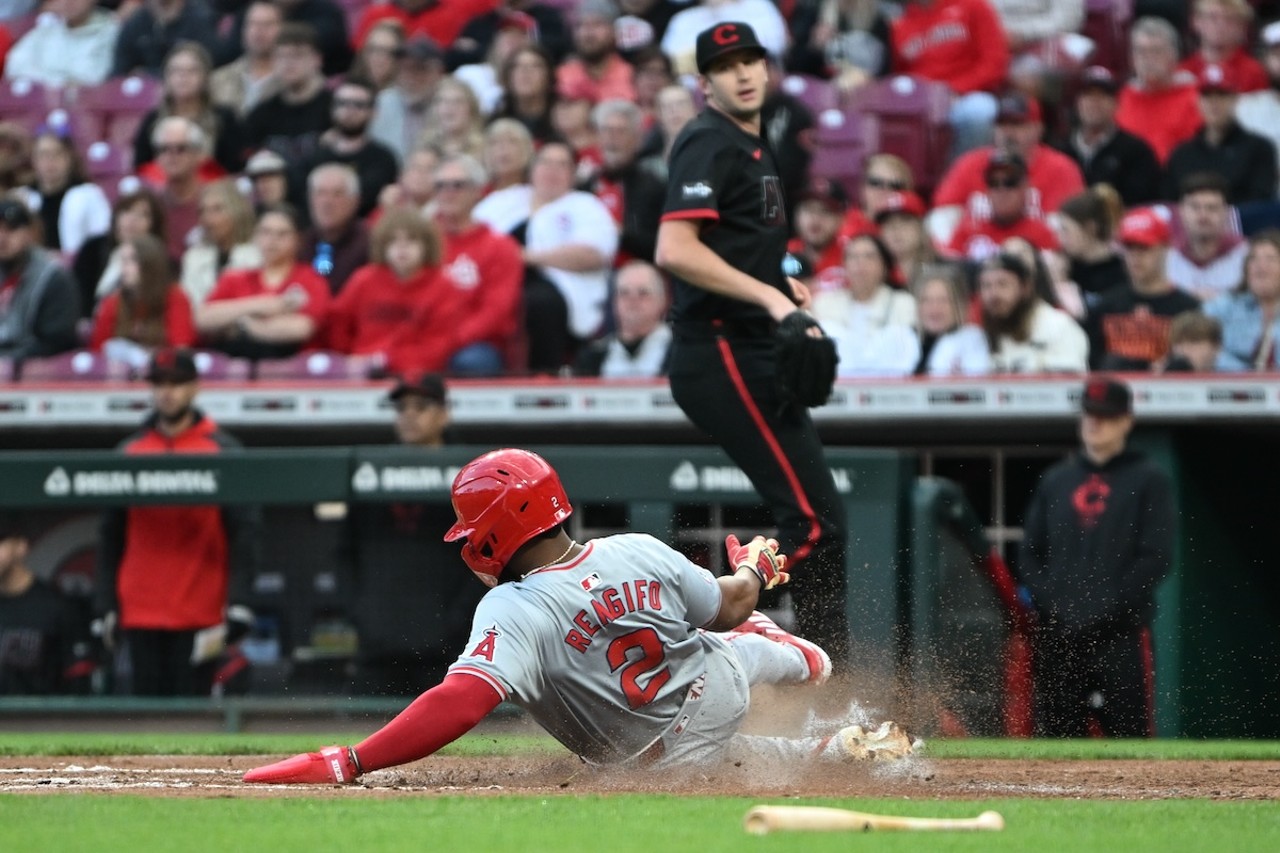 Luis Rengifo slides into home for the Angels' first run of the game | Cincinnati Reds vs Los Angeles Angels | April 19, 2024