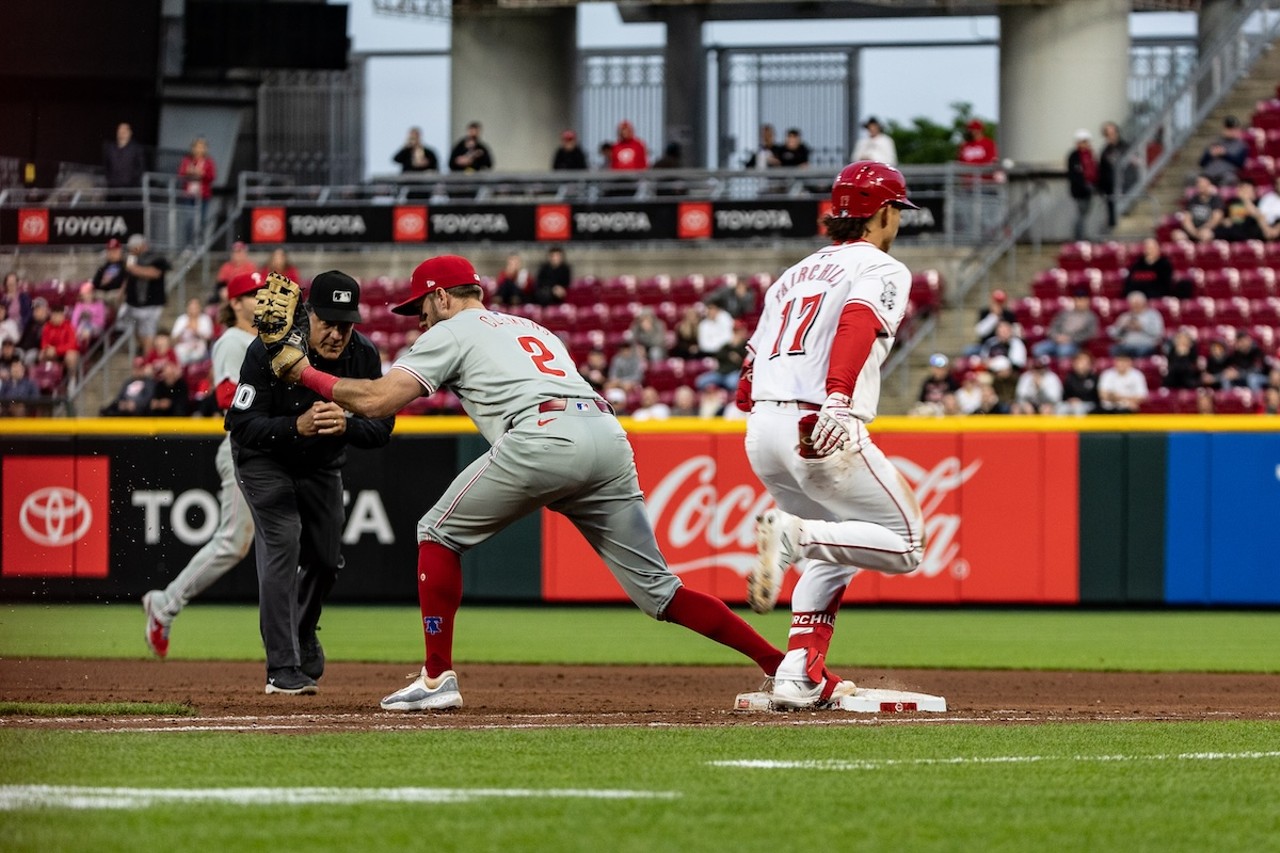 Stuart Fairchild getting out at third while the umpire and Kody Clemens watch the ball intently | Cincinnati Reds vs. Philadelphia Phillies | April 22, 2024