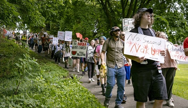 Pro-Palestinian demonstrators take to Goebel Park in Covington on June 8 to protest Israel's military operation in Gaza.