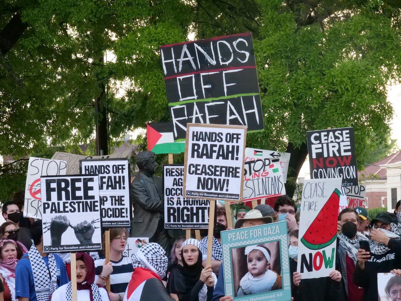 Demonstrators from six Greater Cincinnati organizations gathered in Covington on May 7 to protest the U.S.'s support of Israel as defense forces move into Rafa.