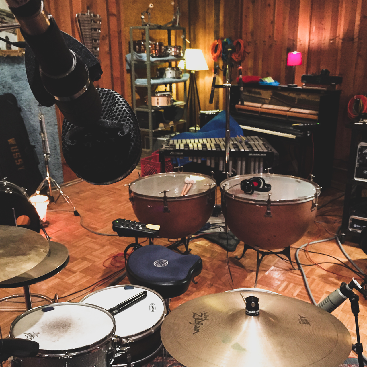 Ultrasuede Studio, set up for a recording session. The kettle drums are from the original King Studio in Evanston.