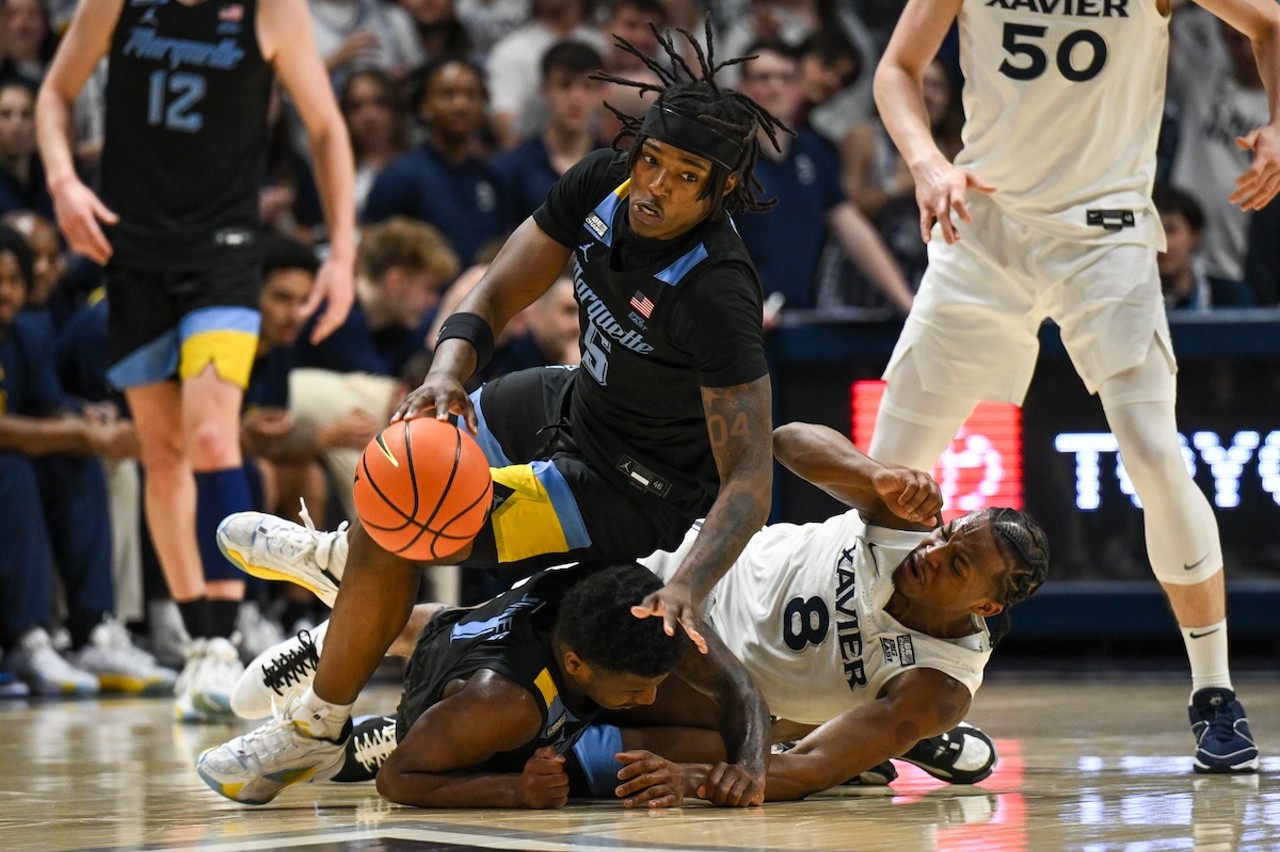 Tre Norman dives for a loose ball | Xavier vs. Marquette | March 9, 2024