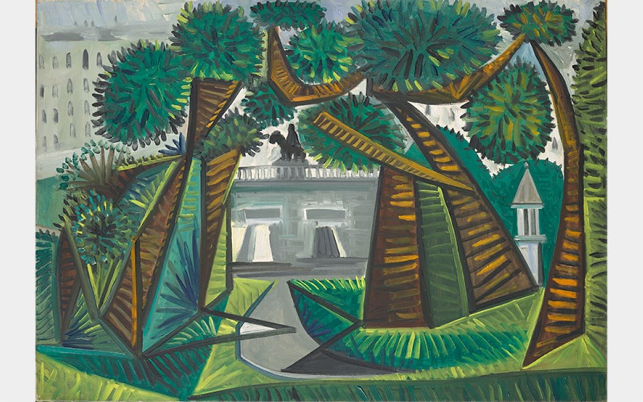 Pablo Picasso (Spanish, 1881-1973), Landscape of Mougins II, May 5, 1965, Oil on canvas, 38 3/16 x 76 5/8 inches, Pinakothek der Moderne, Munich, 13718, Image © Blauel Gnamm – ARTOTHEK, © 2023 Estate of Pablo Picasso / Artists Rights Society, (ARS), New York, Courtesy American Federation of Arts