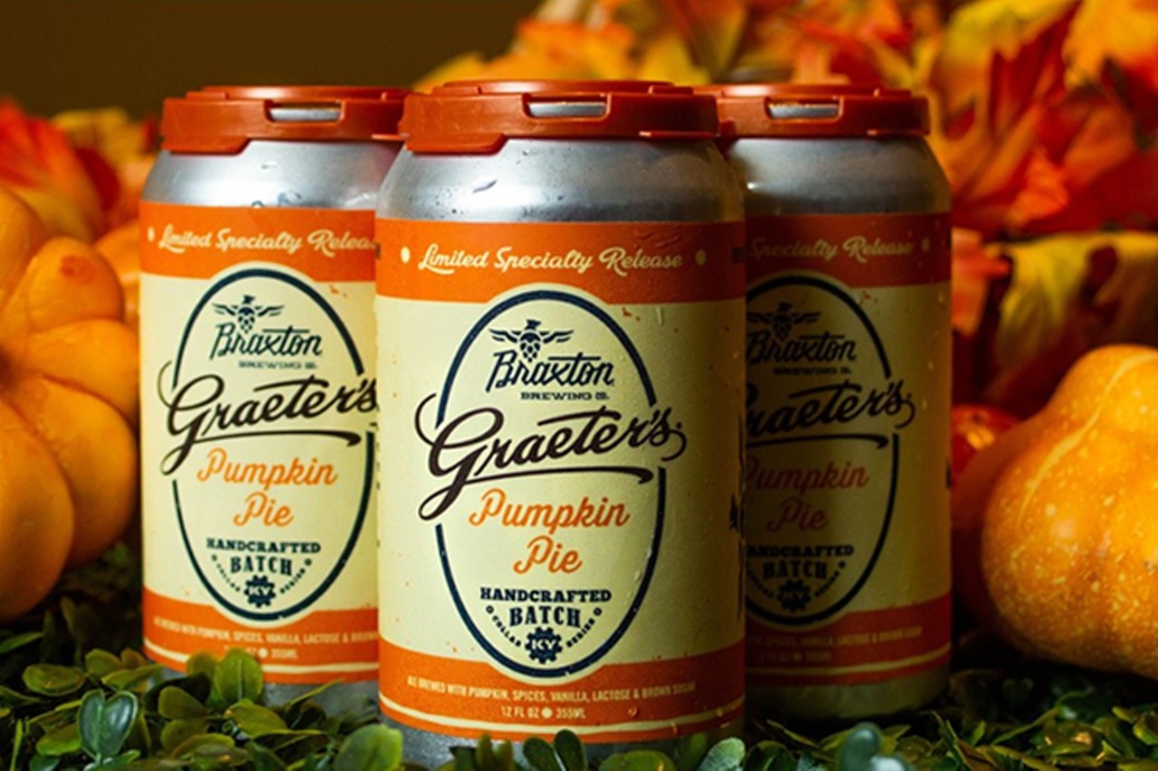 Graeter&#146;s Pumpkin Pie Ale at Braxton Brewing Co.
27 W. Seventh St., Covington
Braxton Brewing Co, and Graeter's have once again teamed up for a sweet seasonal beer release: Graeter's Pumpkin Pie Ale. The beer, inspired by the scoop shop's Pumpkin Pie ice cream flavor, is brewed with fresh pumpkins, lactose and pumpkin pie spices. The brewery says, "Notes of golden brown pie crust are created by brown sugar and a combination of malts, making this beer an ode to a timeless harvest staple and your favorite flavors of fall."
Photo: Provided by Braxton Brewing Co.