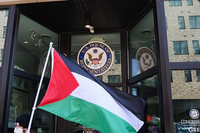 Cincinnati Socialists hold pro-Palestinian demonstration outside Rep. Greg Landsman’s office in Walnut Hills on June 14.