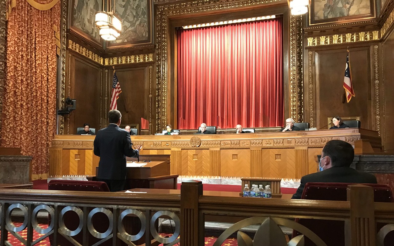 Attorney Phillip Strach speaks before the Ohio Supreme Court, arguing for the constitutionality of legislative district maps. The court heard arguments on three cases asking it to reject the maps approved in September.