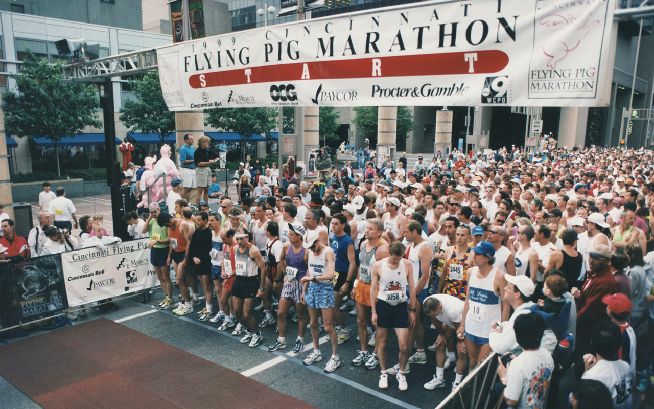 Runners wait at the starting line for the first Flying Pig Marathon in 1999