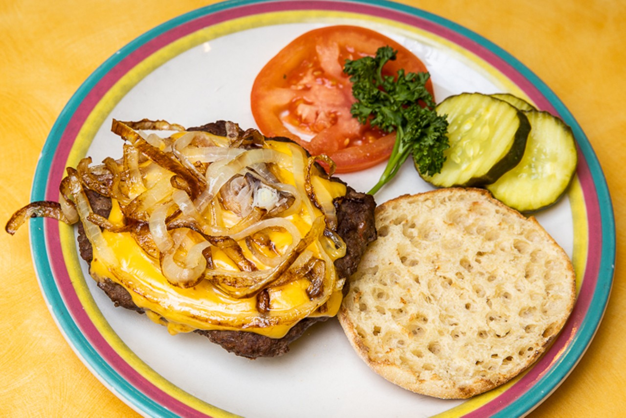 Muffin burger ($7.25) with one-third pound grilled ground beef patty, grilled onions, pickles and American cheese on a toasted English muffin