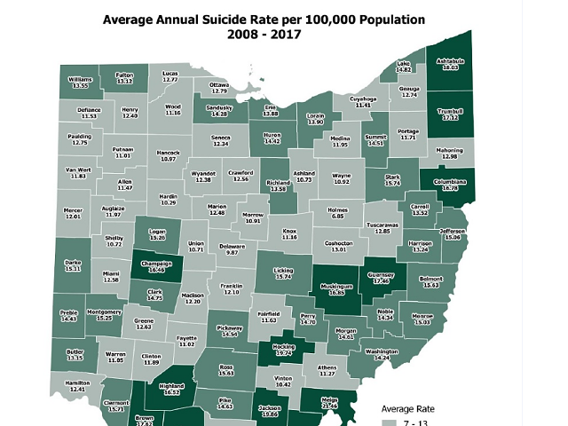 Suicide rates by county, according to Ohio University study