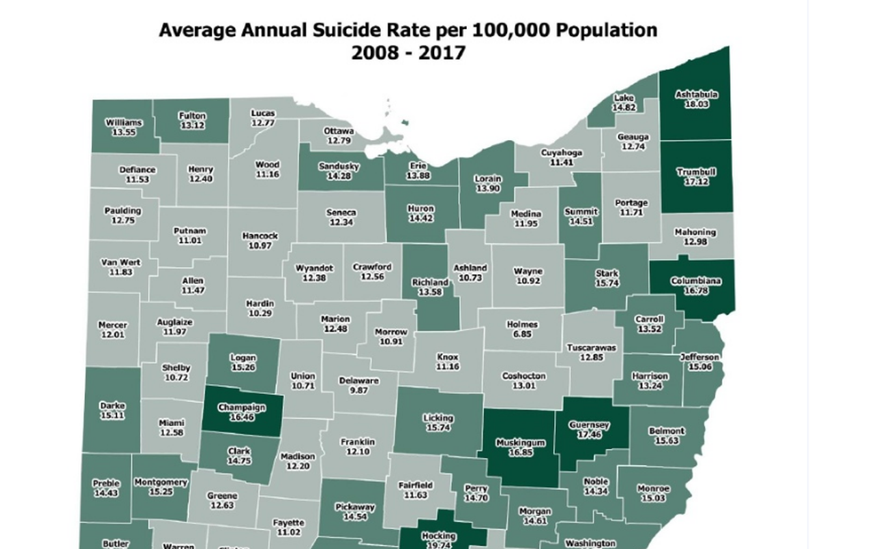 Suicide rates by county, according to Ohio University study
