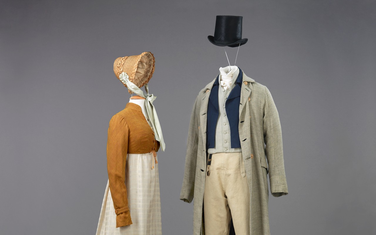 Left: Dress, Spencer, and Bonnet, Pride and Prejudice, 1995, Simon Langton, director. Worn by Jennifer Ehle as Elizabeth Bennet. Dinah Collin, costume designer. Right:
Duster, Tailcoat, Breeches, Shirt, and Top Hat, Pride and Prejudice, 1995, Simon Langton, director. Worn by Colin Firth as Mr. Fitzwilliam Darcy. Dinah Collin, costume designer.