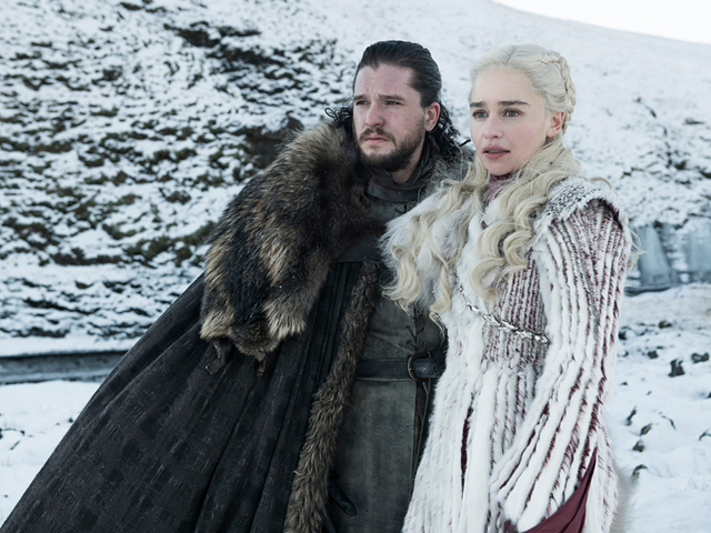 Kit Harington as Jon Snow (left) and Emilia Clarke and Daenerys Targaryen in "Game of Thrones"