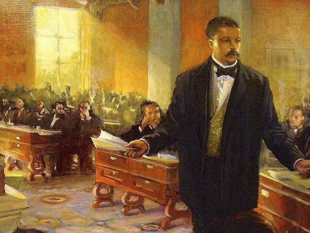 Painting of George Washington Williams addressing the Ohio State Legislature. Williams was the first African-American elected to the Ohio State Legislature, serving one term 1880 to 1881.