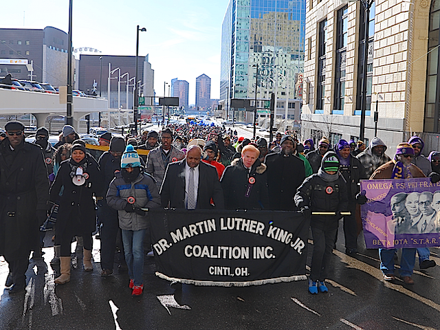 Participants make their way from the National Underground Railroad Freedom Center to Fountain Square at 2019's Martin Luther King Jr. Day March.