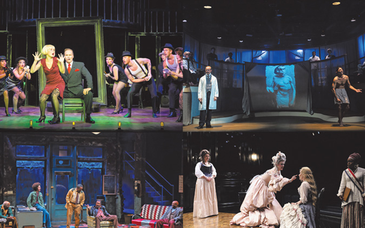 Clockwise: Hannah Gregory (in red) stood out in "Chicago"; Giles Davies played the titular character in "The Elephant Man"; "The Revolutionists" was a 2016 highlight; the cast of Cincinnati Playhouse’s "Jitney"