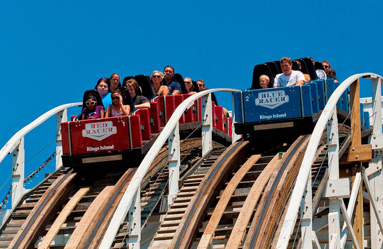 The Racer 
This twin wooden roller coaster features one red and one blue car. Both move forward (except for from 1982 to 2008, when one went backward) and literally do race. Helbig — who has ridden the coaster more than 12,000 times — says no one knows which car will win each time.