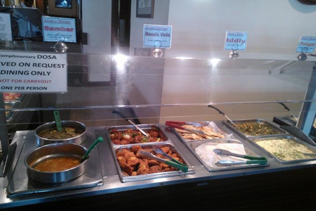 Amma&#146;s Kitchen 
7633 Reading Road, Roselawn
Amma&#146;s serves only vegan and vegetarian Indian food, but you won&#146;t miss the meat when the flavors are this complex and amazing. On Wednesdays, the lunch buffet offers a slew of vegan-only entrees. Features include familiar dishes like vegetable korma and chana masala, as well as unique items like the uthapams, a South Indian style pancake. Homemade breads include the puffy pillows of cooked dough called batura. They also carry Indo-Chinese dishes like the gobhi manchurian, a fried cauliflower dish smothered in a house made Manchurian sauce.
Photo via Facebook.com/AmmasKitchen