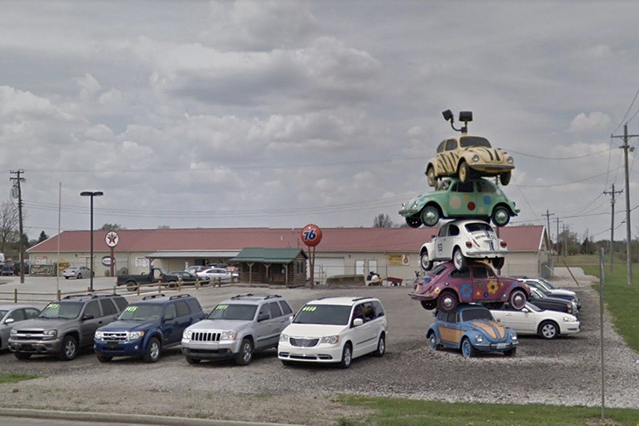 Tower of Volkswagen Beetles
1938 E. 2nd St., Defiance
A towering display of colorful '60s Volkswagen Beetles is the main attraction of the used car lot at Pack Rat's Pawn Shop in Defiance, Ohio.
Photo: Screen grab from Google Maps