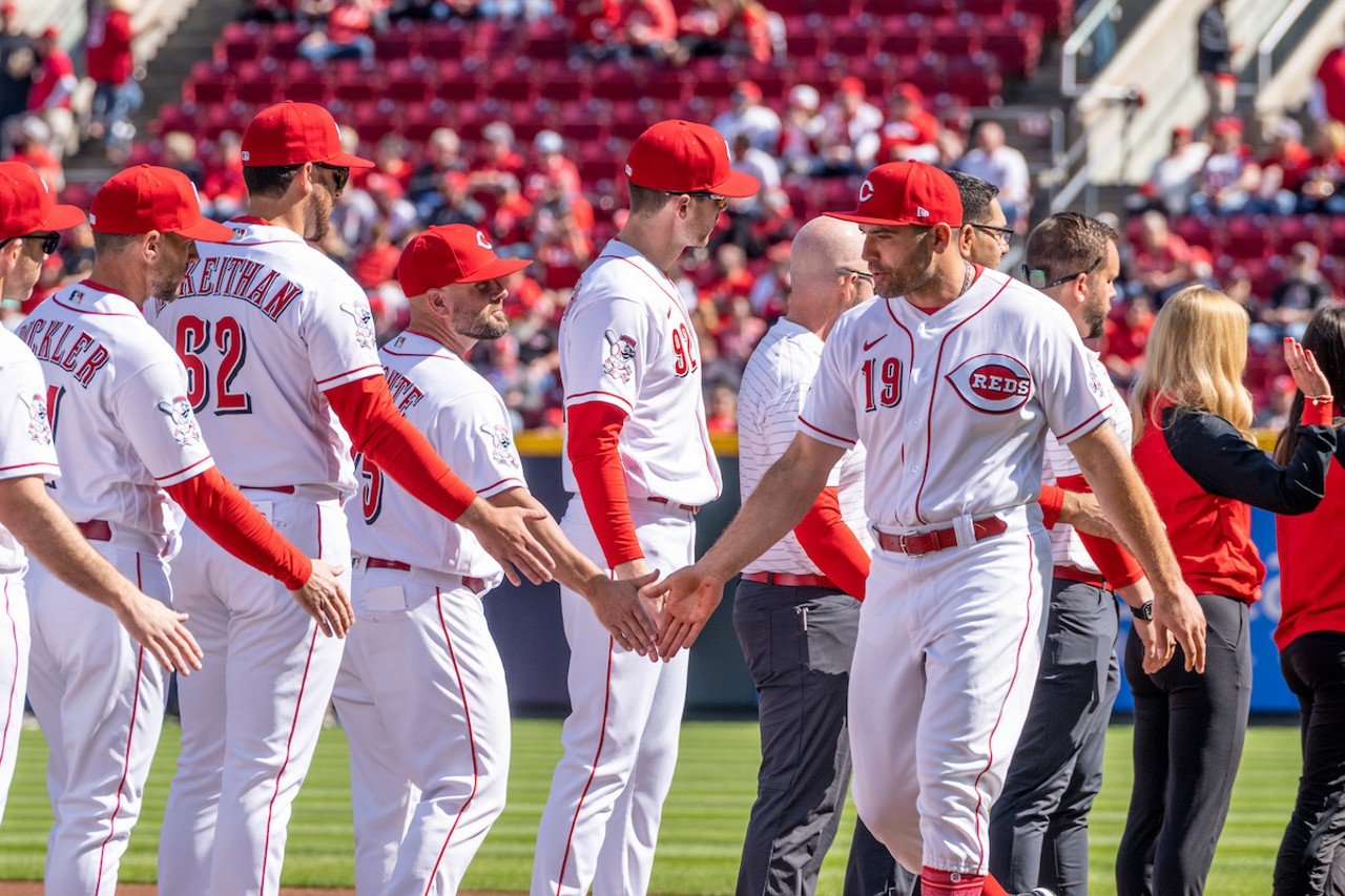 Cincinnati Reds first baseman Joey Votto during the season opener at Great American Ball Park on March 30, 2023, Votto's final opening day in Cincinnati. The 40-year-old became a free agent after he had his $20 million club option declined by the Reds.