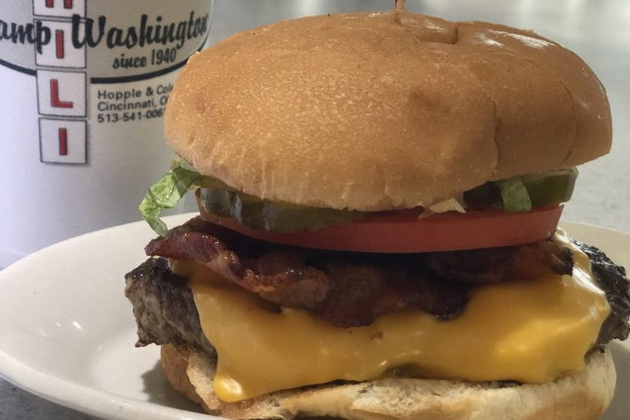 Camp Washington Chili
3005 Colerain Ave., Camp Washington
BACON CHEESEBURGER: 1/3 pound all beef patty topped with your choice of cheese (American, Swiss, provolone or pepper jack), crispy bacon, tomato, lettuce, mayo, pickle, and onion served on a grilled bun.
