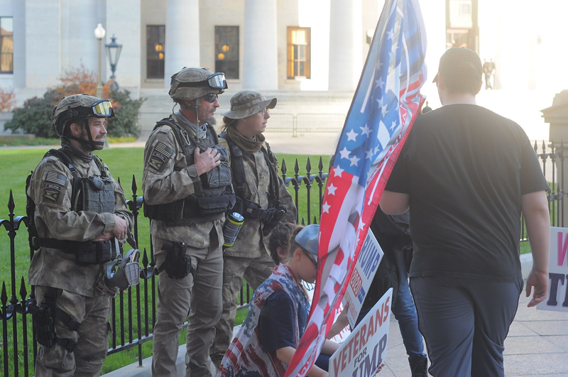 Members of the self-identified "Ohio State Regular Militia" appeared at the Statehouse on Nov. 7 to 'protect people' who came to celebrate Joe Biden's victory over President Donald Trump. - Photo: Ohio Capital Journal