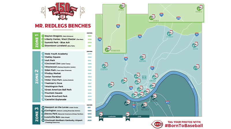 Map of Mr. Redlegs benches - Photo: mlb.com/reds/one-fifty/benches