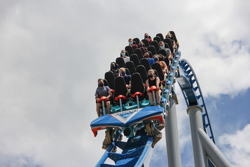 People in masks on Orion, the new giga coaster. - Photo: Provided by Kings Island