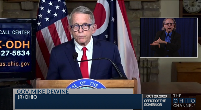 Ohio Gov. Mike DeWine is seen at a coronavirus press conference at his Cedarville home on Tuesday, Oct. 20, days after a Miami County man reported to police being recruited for a citizen's arrest plot against the governor at his home. - Photo: The Ohio Channel