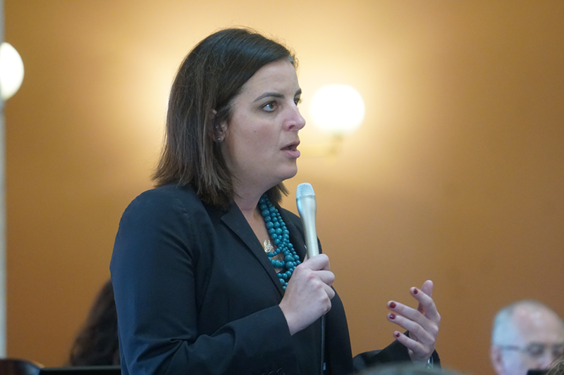 State Rep. Brigid Kelly speaking on the floor of the state house for an amendment striking the state "pink tax" for feminine hygiene products - Photo: Ohio House of Representatives