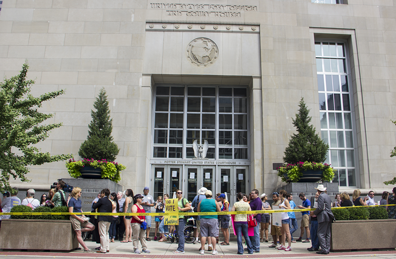 Marriage equality advocates rally outside Cincinnati’s Potter Stewart Courthouse Aug. 6.