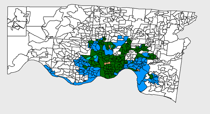 Electoral map for the May 2 Cincinnati mayoral primary. Green represents precincts Councilwoman Yvette Simpson won. Blue represents precincts Mayor John Cranley won. Teal represents precincts won by Rob Richardson Jr. - Hamilton County BOE