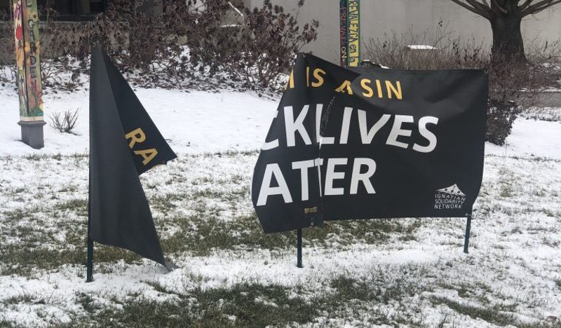 A Black Lives Matter banner was slashed and stickers promoting white-nationalist group Patriot Front appeared on campus over the weekend. - Photo: Twitter/XavierU