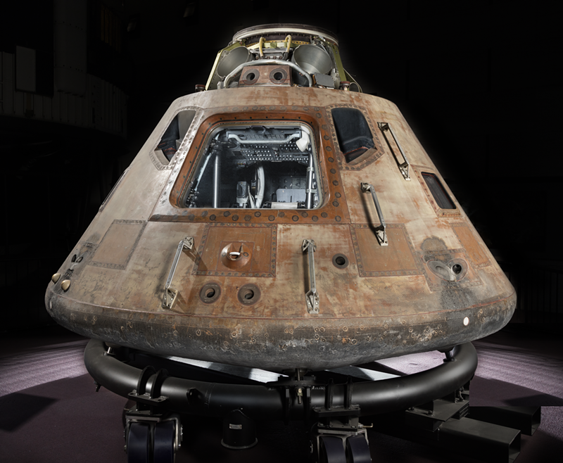 Apollo 11 command module Columbia - on temporary cradle. - Photo: Eric Long, National Air and Space Museum, Smithsonian Institution