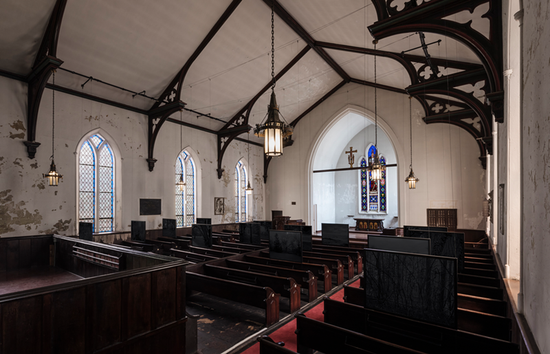 Dawoud Bey's "Night Coming Tenderly." Installation view at St. John's Church. Commissioned by FRONT International: Cleveland Triennial for Contemporary Art. - Courtesy the artist, Rena  Bransten Gallery, and Stephen Daiter Gallery. Photography by Field Studio.