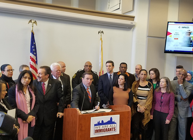 Mayor John Cranley, faith and non-profit leaders and city, county and state elected officials discuss Donald Trump's executive order banning travel and refugee resettlement. - Nick Swartsell