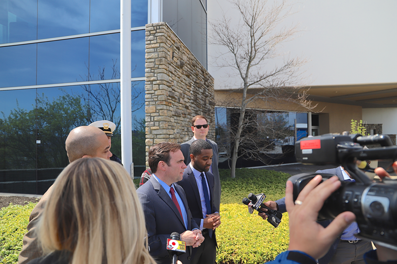 Mayor John Cranley and acting City Manager Patrick Duhaney at a news conference outside Cincinnati's Emergency Communications Center. - NICK SWARTSELL