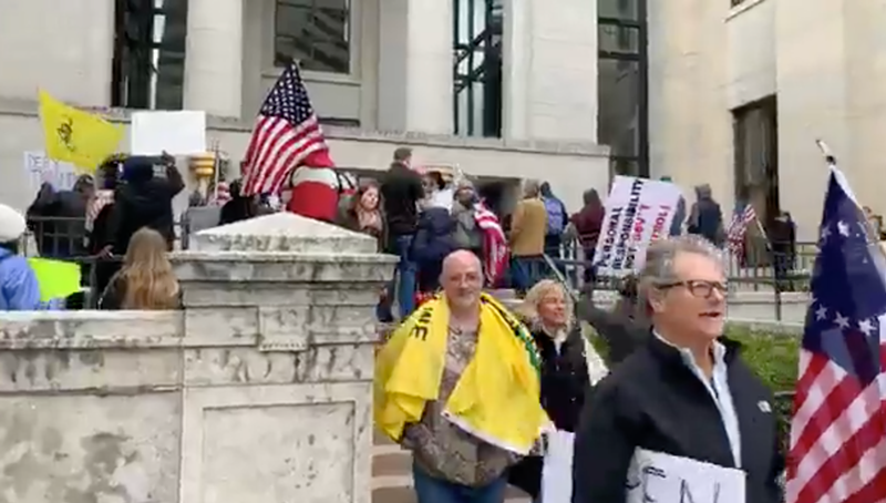 Protesters gathering outside of the statehouse - Photo: Still From Shoemaker's Facebook Live video