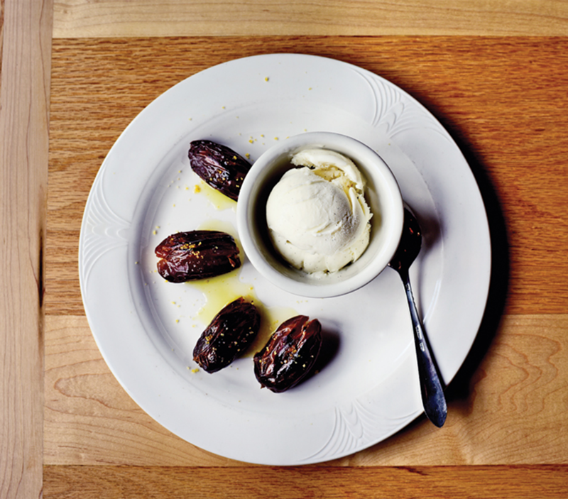 15 North’s dates are stuffed with savory mascarpone, sprinkled with salt and served with gelato.