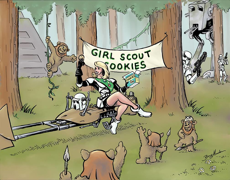 Ewoks being lured by stormtroopers with the most powerful force of all: Girl Scout cookies. - Barry Munden