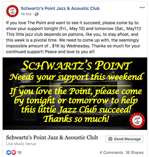 Post by Schwartz's Point Jazz & Acoustic Club - Photo via Facebook.com