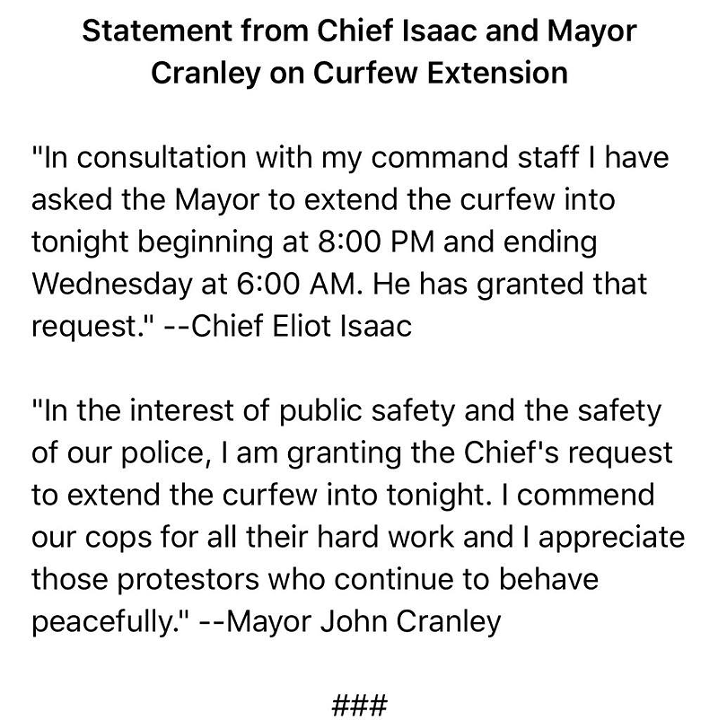 City of Cincinnati Curfew Extended Through Tuesday Night by Mayor Cranley
