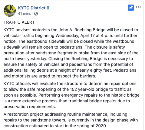 The John A. Roebling Suspension Bridge is Closed to Traffic Starting This Afternoon
