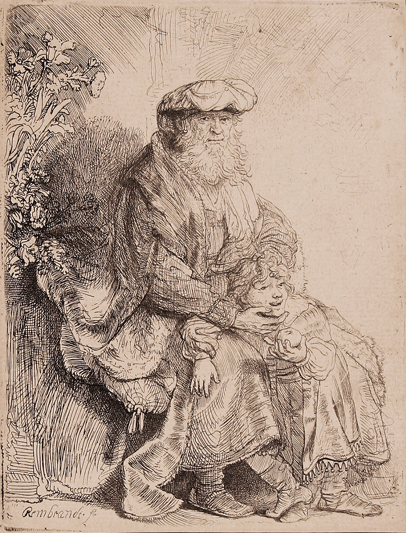 Rembrandt’s etching “Jacob Caressing Benjamin (Abraham Caressing Isaac)” - Photo: Collection of Howard and Fran Berger; gift to the Westmont Ridley-Tree Museum of Art