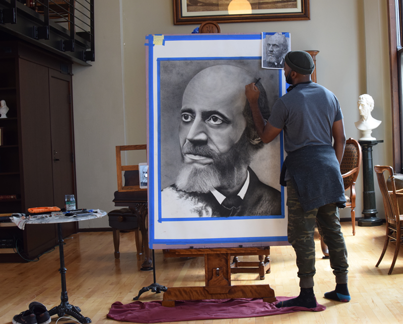 Gee Horton at work on his portrait of Peter H. Clark - Photo: Mackenzie Manley