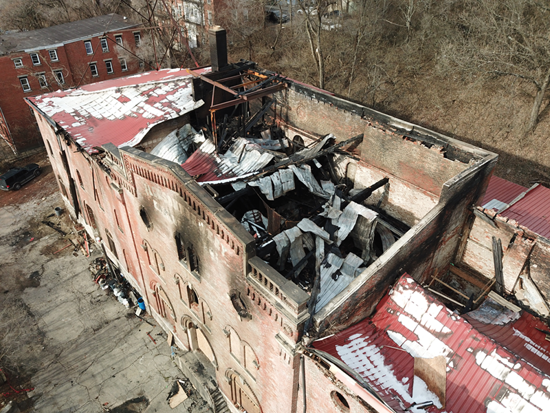 A drone photo of the roof, which collapsed after the December fire - PHOTO: TOM SAVOCA